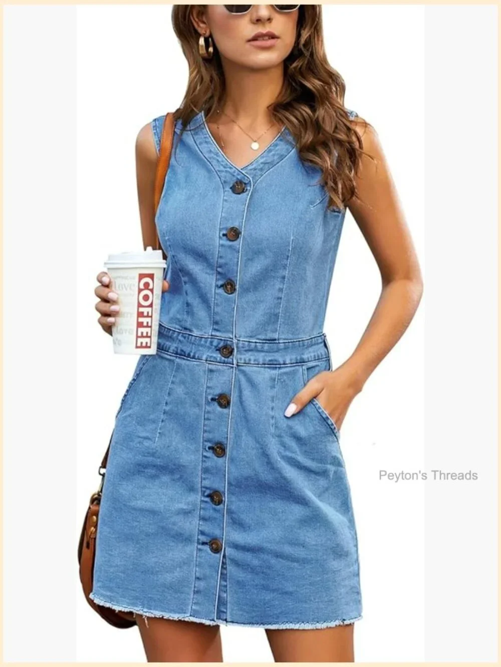 Sleeveless V Neck Button Down Frayed Hem Short Denim Dress - Picture 1 of 7